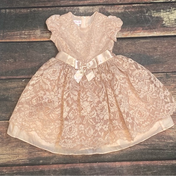 Bonnie Jean Girls Size 5 Taupe Blush Bow Embroidered Lace Floral Ballerina Dress - Picture 2 of 8
